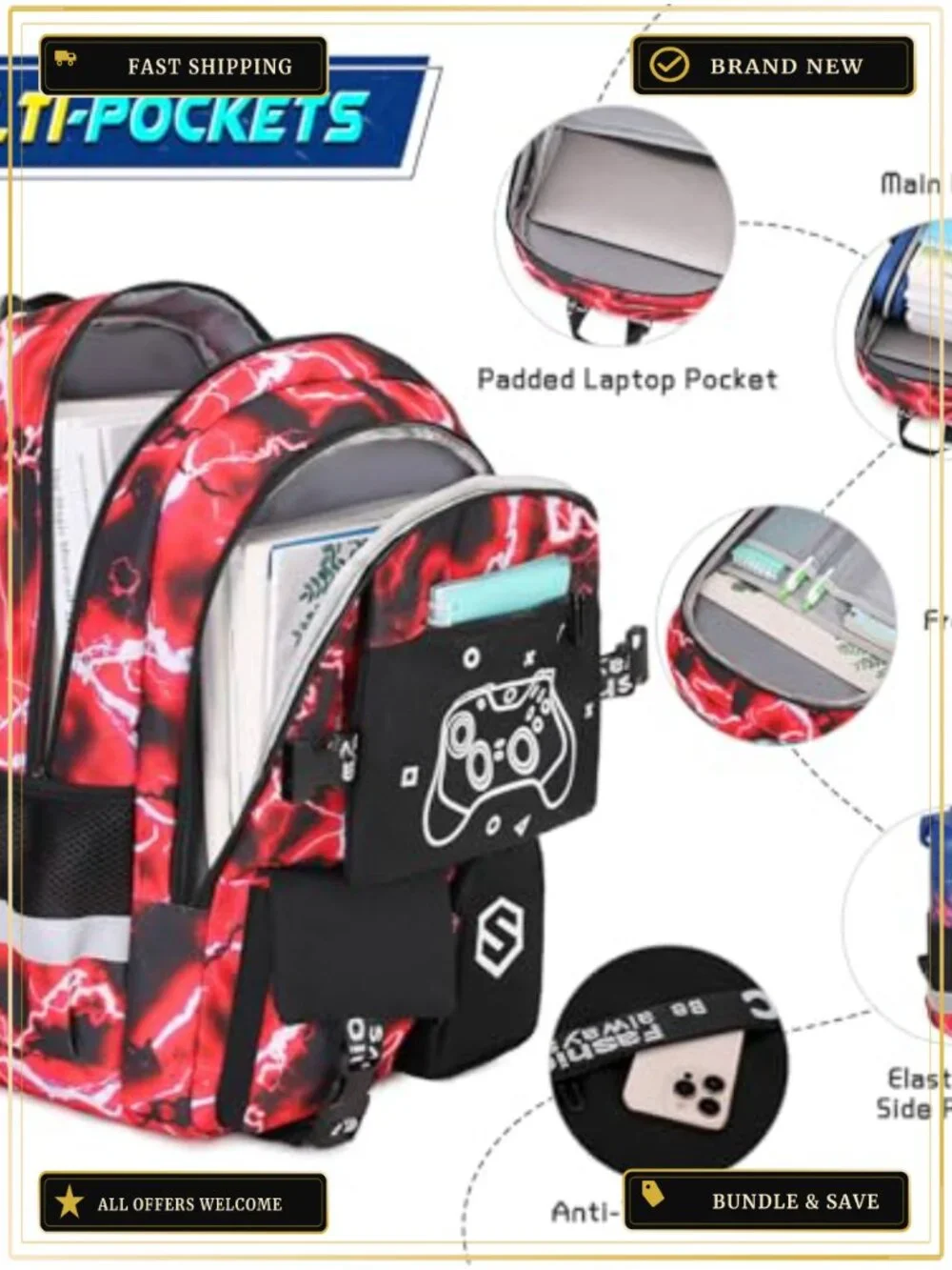 Kids Backpack with Lunch Bag Sling Pencil Case Set with USB Port Luminous